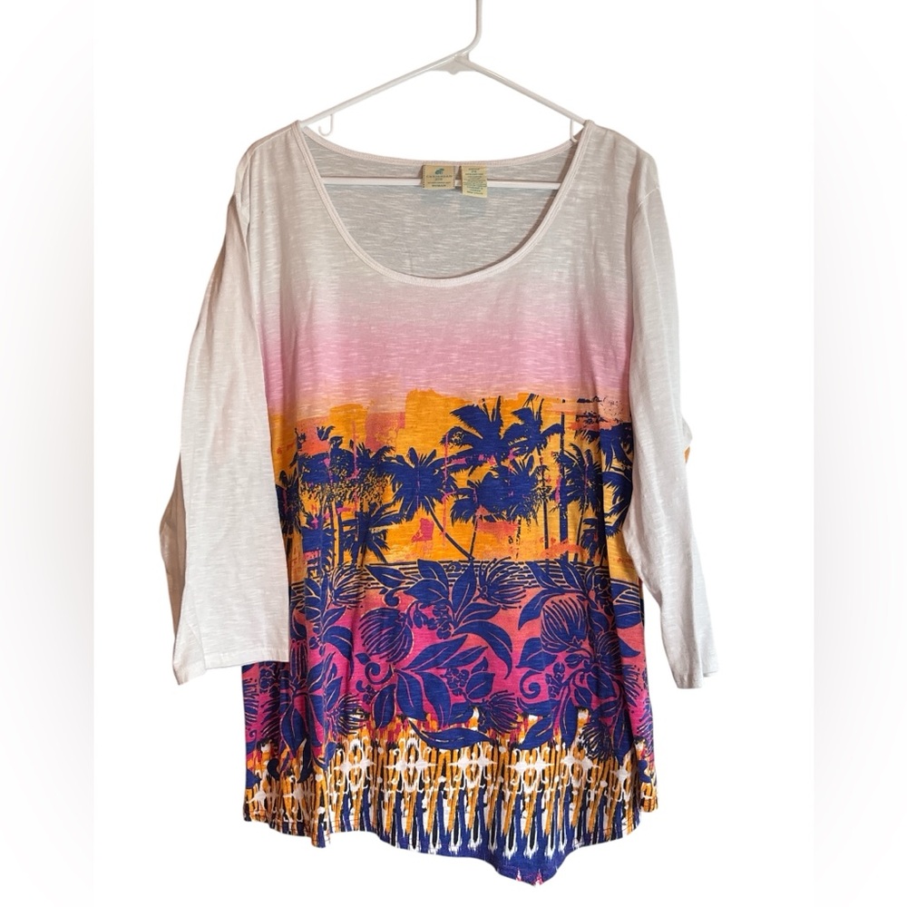 Caribbean Joe 2X Tropical Palm Sunset Tunic Top Asymmetrical Hem 3/4 Sleeve